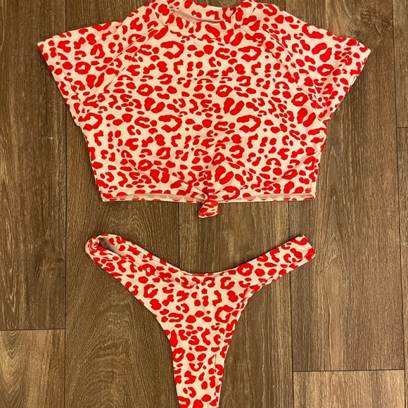 Red cheetah print shirt thong bikini - Picture 2 of 3